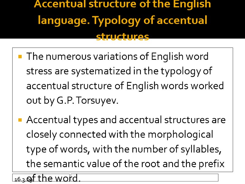 16.3.09  Accentual structure of the English language. Typology of accentual structures  